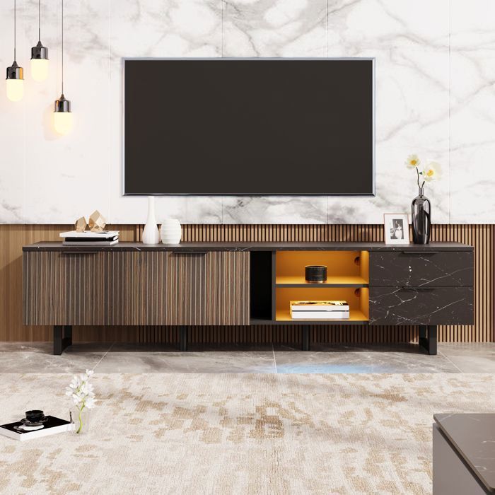 Meuble TV Moderne 200x38x50cm - Avec Éclairage LED 2 Tiroirs et 2 Portes Plateau en Placage de Marbre - Noir+Bois