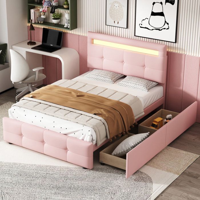 Lit simple 90x200 en lin avec éclairage LED et tiroirslit rembourré avec Sommier à lattes & cadre de lit - enfant adulterose