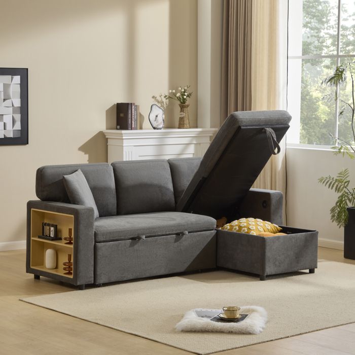 Canapé dangle convertible extensible canapé 3 places avec ports USB rangement sous le repose-pieds coussins tissu Oxford gris