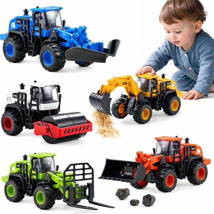 Bobby Duck - Lot de 5 Véhicules de Chantier pour Enfants Camion Pelle Bulldozer Rouleau Compresseur Chargeur Fourche