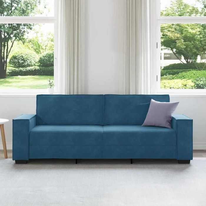 Canapé 3 places en velours - MANGO - Bleu - 180 cm - Velours - 220x78x84 cm - Accoudoirs larges - Cadre en bois et métal Canapé 3 places en velours - MANGO - Bleu - 180 cm - Velours - 220x78x84 cm - Accoudoirs larges - Cadre en bois et métal