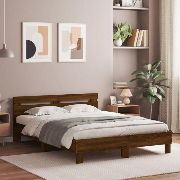Structure de lit en chêne marron - UU - 140x200 cm - Bois dingénierie - Contreplaqué - 203x145x70 cm