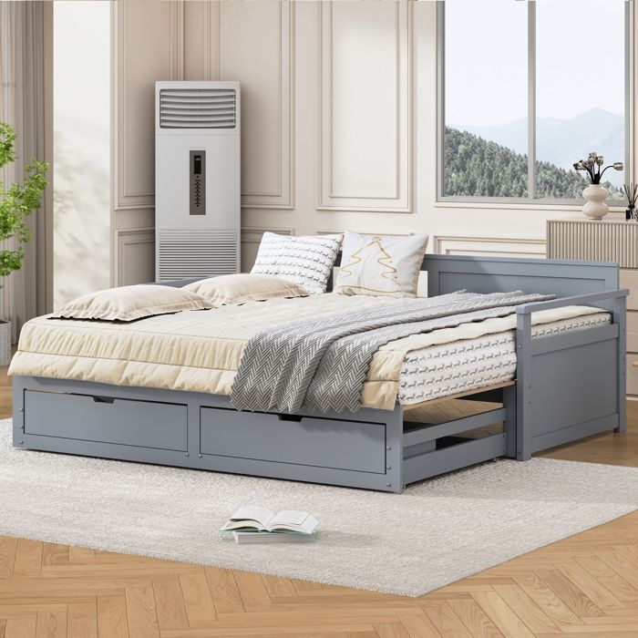Lit gigogne 90/180×190 cm en pin massif gris avec tiroirs intégrés