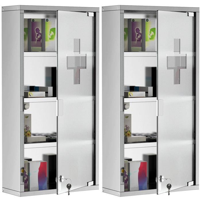 Lot de 2 armoires à pharmacie - HOMCOM - 4 niveaux - porte verre trempé symbole croix - acier inoxydable - 30x12x60cm - argenté