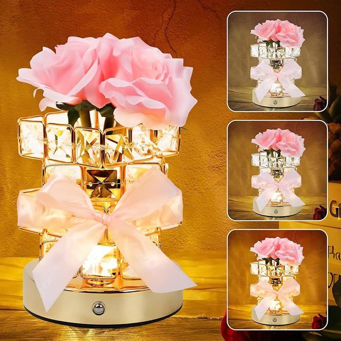 Lampe De Table En Cristal Rose Lampe De Table Rechargeable Sans Fil 3 Couleurs Petite Veilleuse Lam OBJETS LUMINEUX D INTERIEUR