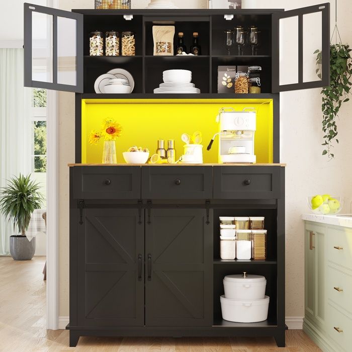 Buffet de cuisine avec étagères réglable 3 Tiroirs et 4 Ports Armoire de cuisine avec éclairage LED 105×38.4×180cm Noir