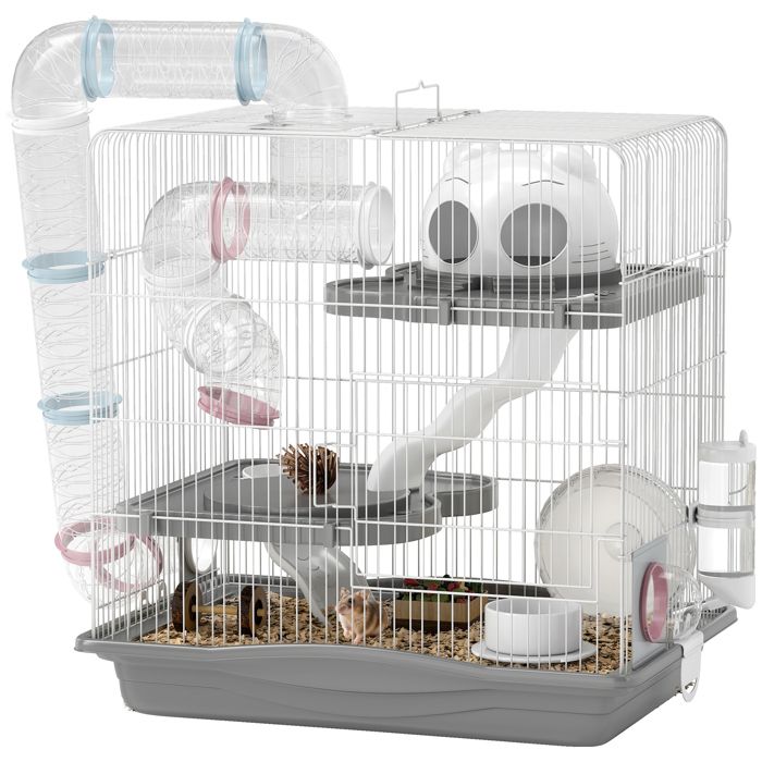 Meilleurs prix pour Cage hamster - PawHut - 3 niveaux - avec roue dexercice tunnel gamelle niche et rampe daccès - 45 x 30 x 45 cm - gris