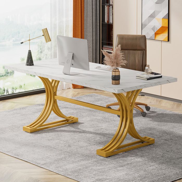Bureau Table dordinateurLittle Tree159x80x75 cm Moderne PC Table de Travail avec Pieds Dorés Pour SalonBureauBlanc et Or