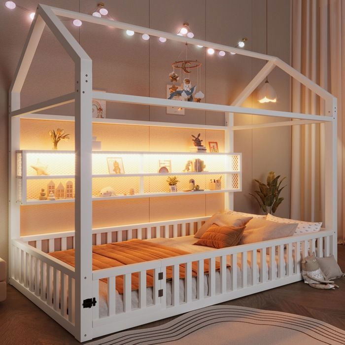 Lit enfant 90 x 200 cm lit plateforme maison avec barrière et éclairage LED blanc