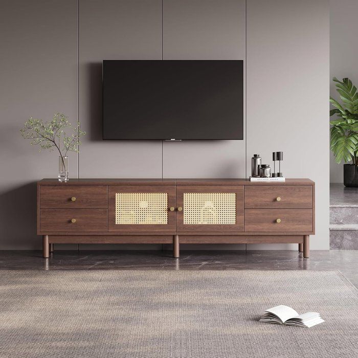 Meuble TV 180cm en Rotin en Bois Banc TV avec 4 Tiroirs et 2 Portes Style Rétro Porte en Rotin 180x35x44cm Marron