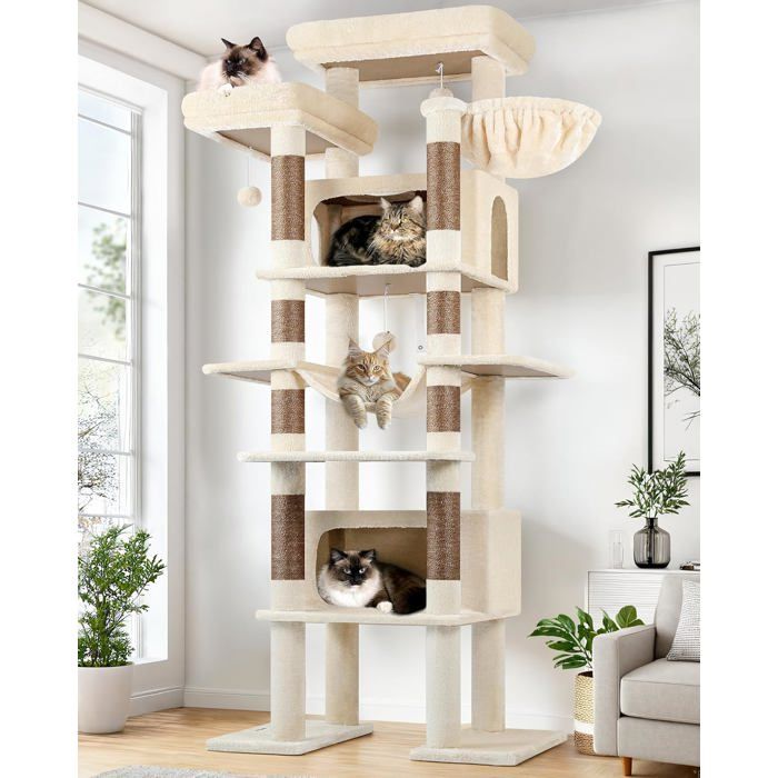 Arbre à chat - HOLISANE - 213 cm - Beige - 2 niches 50x30x30 cm - 8 poteaux sisal