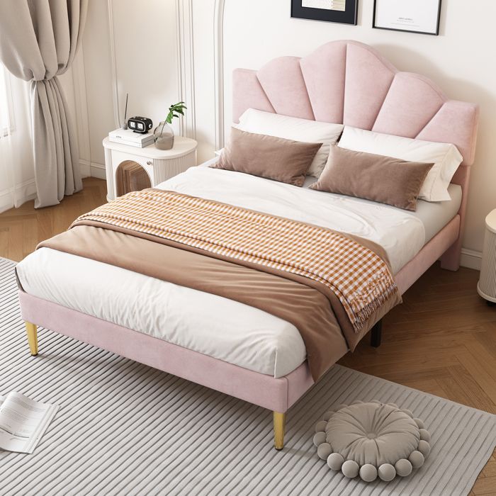 Lit Double 140x190 cm Lit Capitonné en Velours avec Tête de Lit Coquillage Réglable Pieds Dorés - Sans Matelas Rose