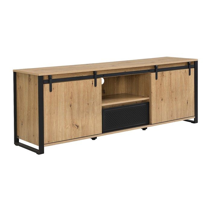 Meuble TV avec 2 portes coulissantes 1 tiroir et 1 niche en MDF et métal noir - Naturel - BELINARO Meuble TV avec 2 portes coulissantes 1 tiroir et 1 niche en MDF et métal noir - Naturel - BELINARO