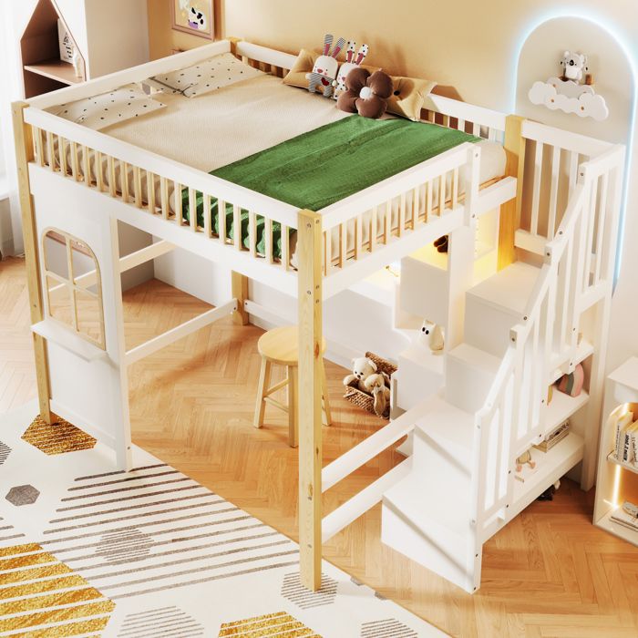 Lit mezzanine enfant 140 x 200 cm blanc et naturel avec bureau et LED