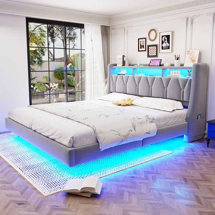 Lit - Lit capitonné 180x200 cm - Tête de lit rabattable avec prises USB/Type-C - LED intégrée - Velours gris clair