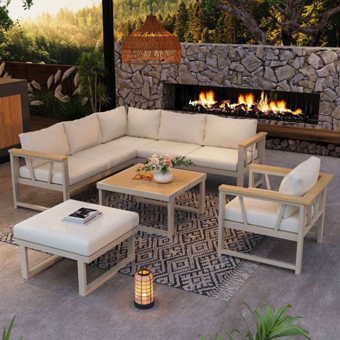 Ensemble de jardin exterieur - 7 places - Accoudoirs en WPC - Table basse incluse - 182x182x64 cm