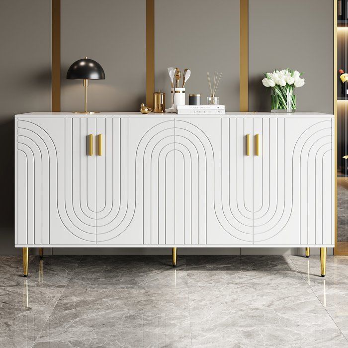 Buffet de Salon Blanc et Doré 4 Portes Façades Ondulées Meuble de Rangement 152 x 40 x 75 cm pour salle à manger Buffet de Salon Blanc et Doré 4 Portes Façades Ondulées Meuble de Rangement 152 x 40 x 75 cm pour salle à manger