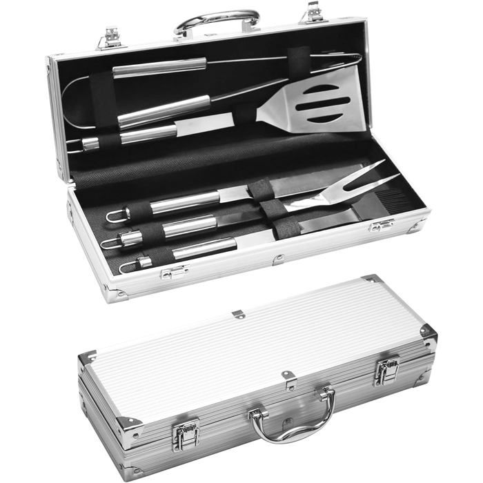 Set BBQ pro 5 pcs inox avec mallette aluminium – accessoires barbecue cadeau homme pour grillades et cuisine
