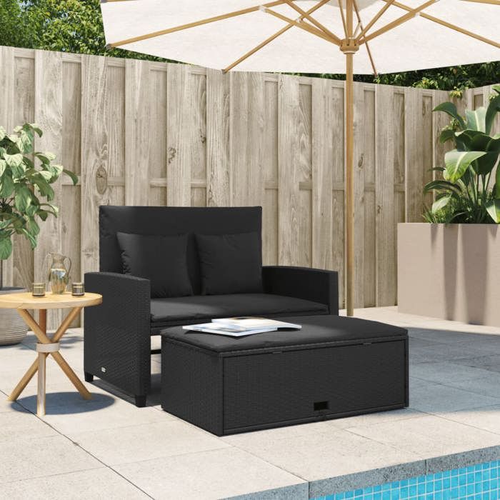 Noir Siège de jardin - Canapé de jardin - avec coussins - 2 places - noir résine tressée C3473