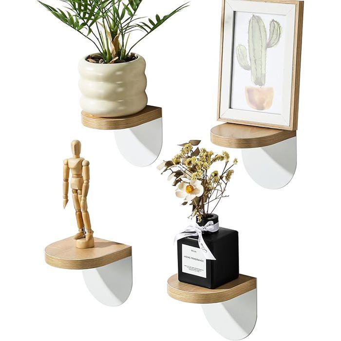 SAYAYO Lot de 4 Petites Etagere Murale Blanche Tablettes Flottantes en Bois avec Piètement en Métal pour Petits Objets Adhésif