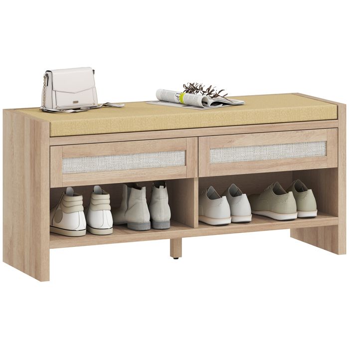 Banc à chaussures - HOMCOM - assise rembourrée en lin 2 tiroirs en rotin et étagère ouverte - bois - 108x35x50cm - chêne Banc à chaussures - HOMCOM - assise rembourrée en lin 2 tiroirs en rotin et étagère ouverte - bois - 108x35x50cm - chêne