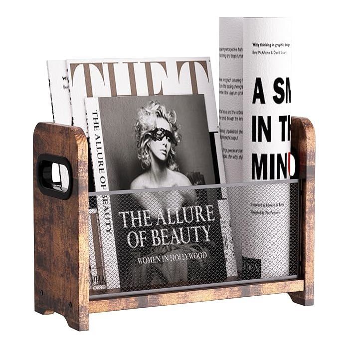 Porte-revues en bois - Panier de rangement réo en maille marron pour livres journaux fichiers - Organiseur de bureau/so PORTE-REVUE