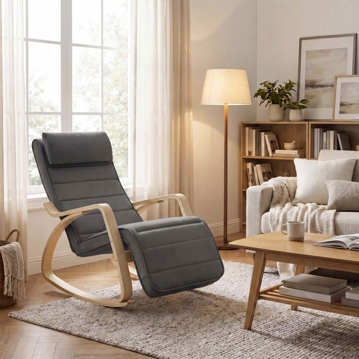 Fauteuil à Bascule avec Repose-Pieds Réglable sur 5 Niveaux avec Accoudoirs en Bois pour Salon Gris Foncé et Naturel Fauteuil à Bascule avec Repose-Pieds Réglable sur 5 Niveaux avec Accoudoirs en Bois pour Salon Gris Foncé et Naturel