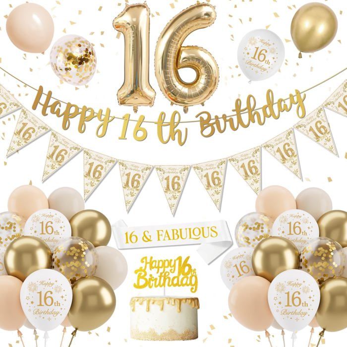 Decoration Anniversaire 16 Ans Fille Blanc Or Ballon 16 Ans Femme Confettis Latex Ballons Bannière Joyeux Anniversaire[BB20]