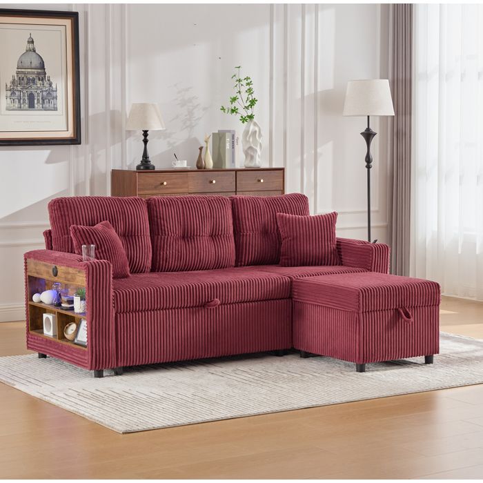 Canapé-lit banquette avec rangement 3 places USB-C et LED 196x82-144x85 cm accoudoirs porte-gobelets corduroy rouge