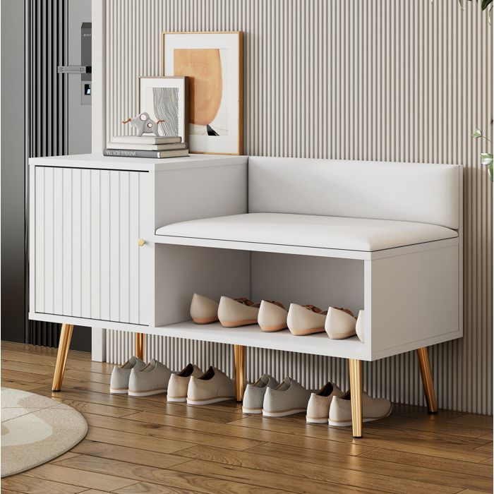 Meuble À Chaussures Banc De Rangement Blanc Et Or Avec Assise Rembourrée Dossier Porte Et Niche Ouverte Pour Entrée 100 x 38 x 58 cm