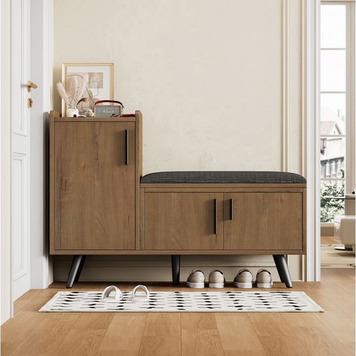 DESVIAE Banc à chaussures 100 x 34 x 68 5 cm avec assise rembourrée 3 portes étagères réglables naturel