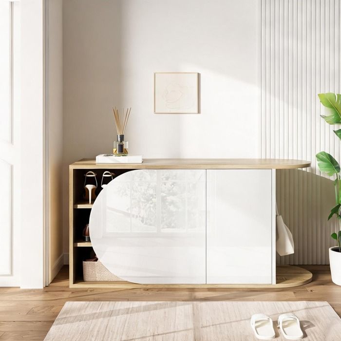 Meuble à chaussures 2 portes style français semi-circulaire 104 cm finition blanche et bois naturel panneau de particules
