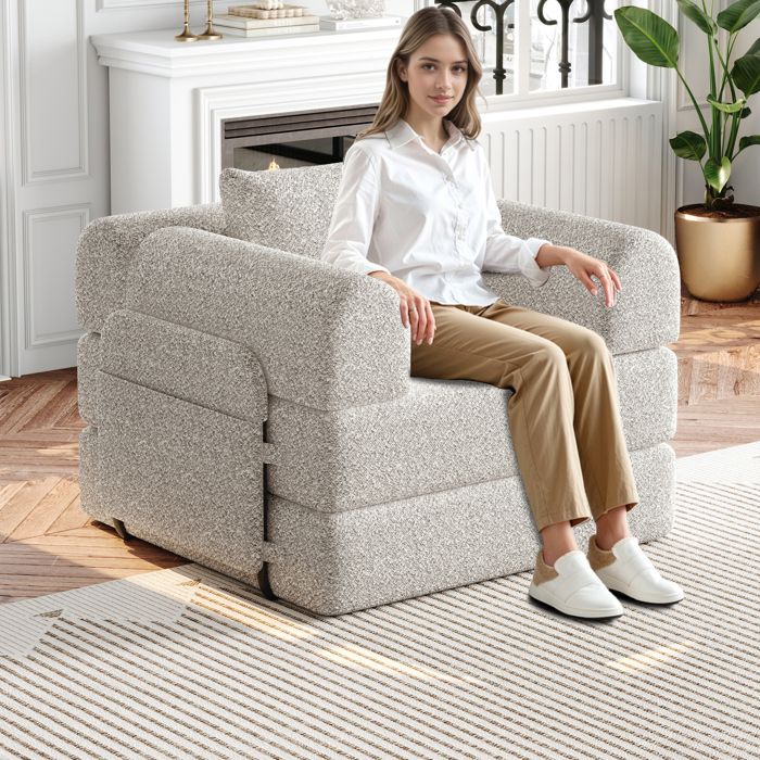 ROVRYN Fauteuil convertible 1 place en chenille kaki rangement accoudoir structure métallique