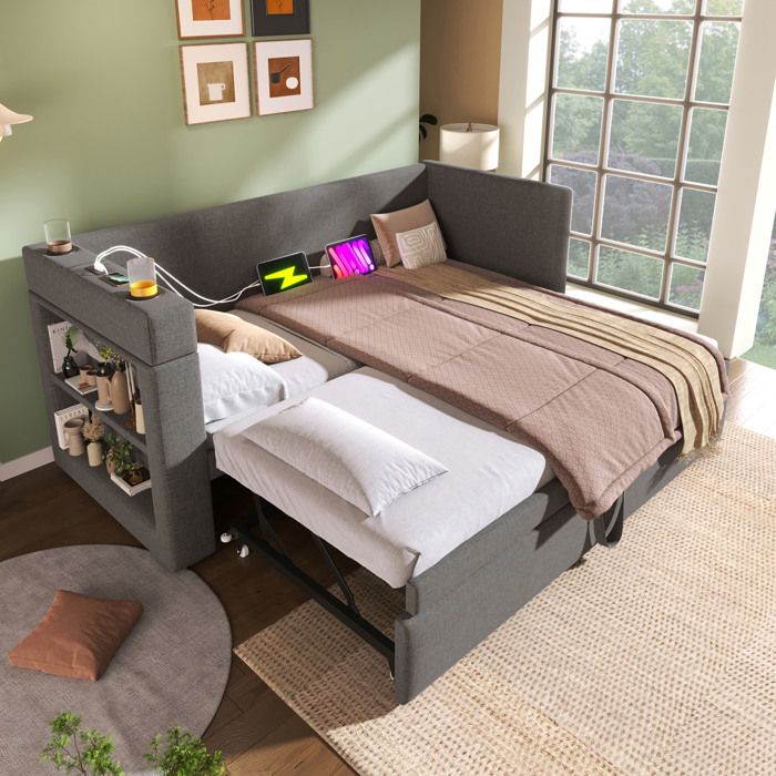 MEULVA Lit gigogne rembourré 90x190 cm gris avec charge USB Type-C porte-gobelets et rangements ouverts