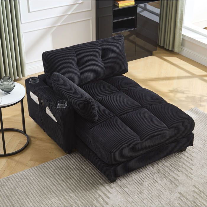 WOVREO fauteuil lounge 1 place noir en velours côtelé avec port USB 2 porte-gobelets poche latérale