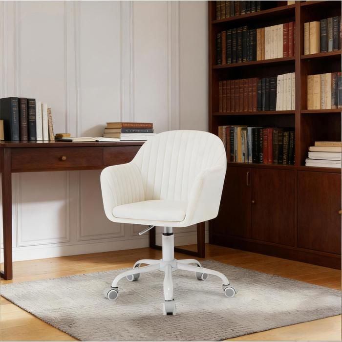 WOVREO Chaise de bureau ergonomique en velours blanc creme avec accoudoirs hauteur reglable et roulettes
