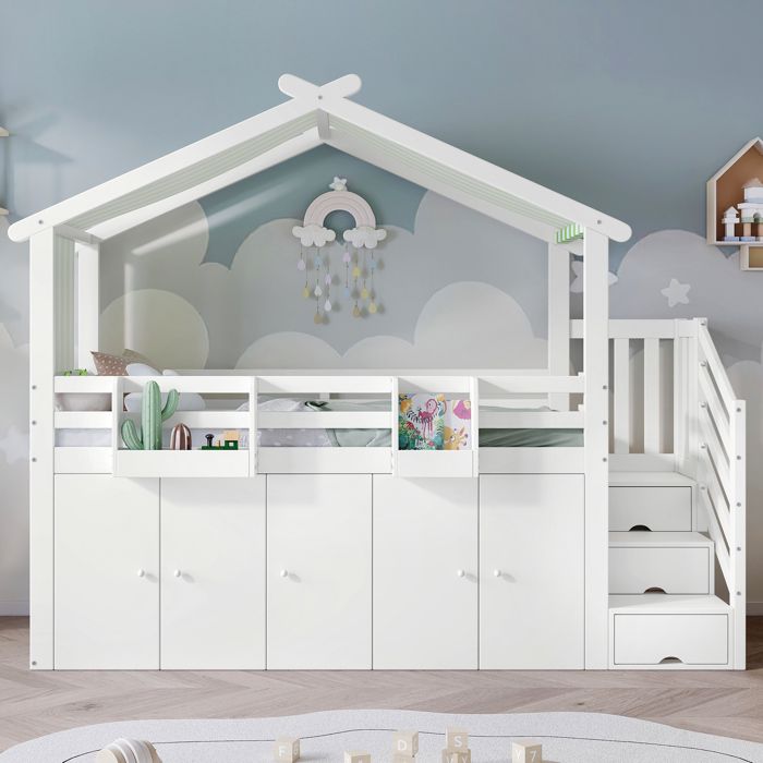 Lit superposé pour enfant - Modèle armoire intégrée - Escalier 3 casiers - Penderie et 2 placards - Blanc/vert 90x200