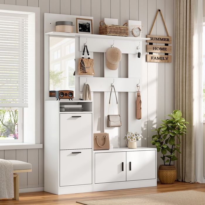 Meuble dentrée multifonction - Dimensions 120x30x180 cm - Couleur Blanc - MDF haute qualité