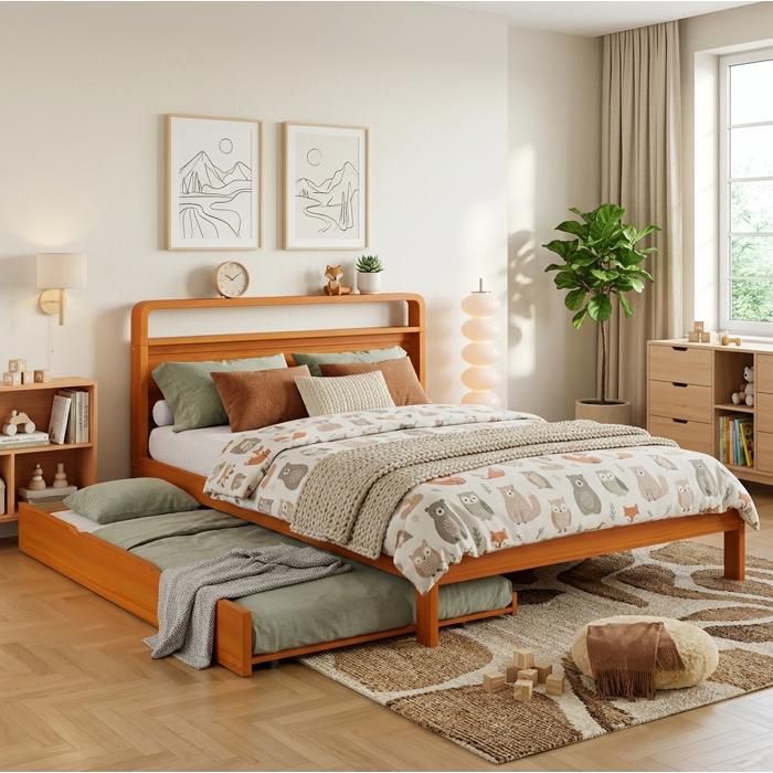 Lit gigogne 140 x 200 cm EVRYAE avec lit dappoint 90 x 190 cm bois de pin naturel tête arrondie