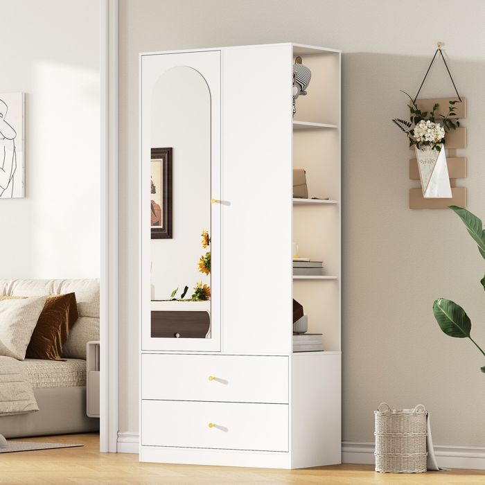 Armoire de Chambre Garde-Robe Moderne avec Miroir et Porte 2 Tiroirs et 4 Étagères Armoire à Vêtements Style Moderne80×40×180cm