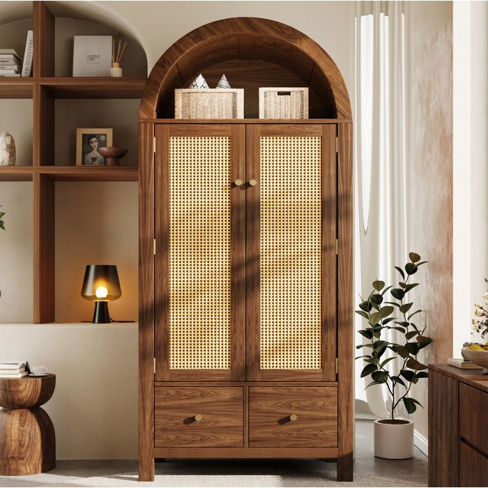 Armoire de chambre 181 x 78 x 45 cm finition noyer cannage style rotin 2 portes 2 tiroirs