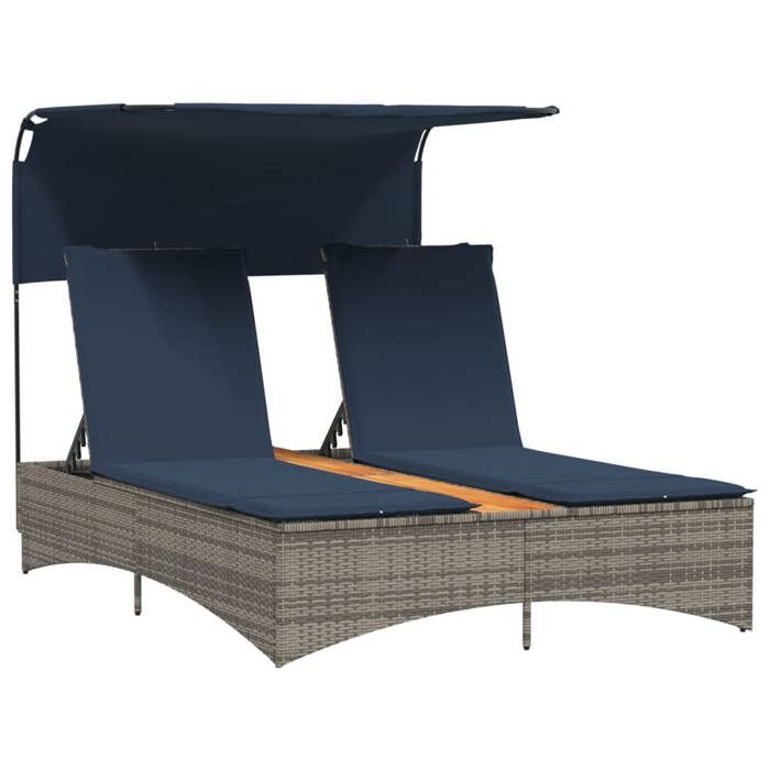 Chaise longue double（2 personnes)- Fauteuil dextérieur - avec auvent - Coussins inclus - en polyrotin gris（54 x 200 cm (l x P)） saj