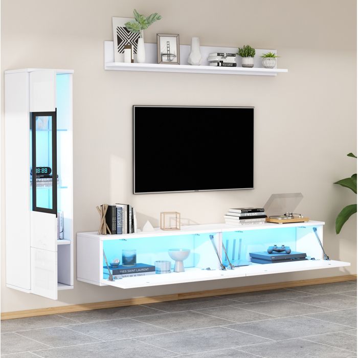 Ensemble mural TV 3 pièces AESVAR blanc brillant avec LED RGB meuble TV vitrine et étagère murale