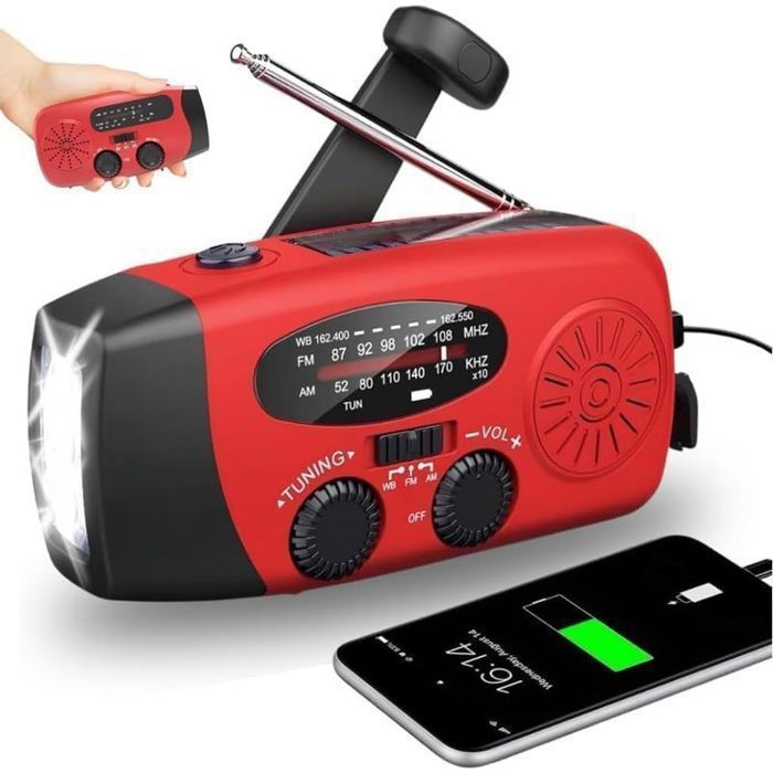 Radio de survie portable 2000 mAh - Dynamo solaire rechargeable AM/FM - Lampe LED SOS et Powerbank Radio de survie portable 2000 mAh - Dynamo solaire rechargeable AM/FM - Lampe LED SOS et Powerbank