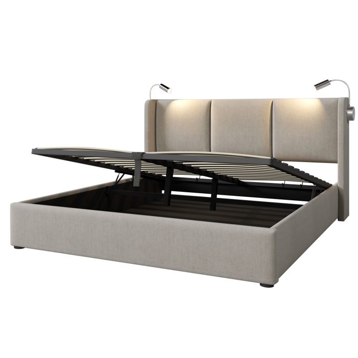 Lit coffre double 140x200 cm en lin avec tête de lit lampe de lecture USB sommier inclus rangement sans matelas
