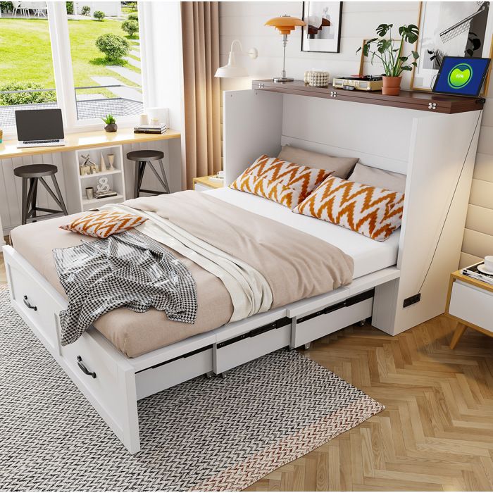 Modenuit Lit escamotable 140 x 200 cm métal et contreplaqué blanc prise européenne rangement
