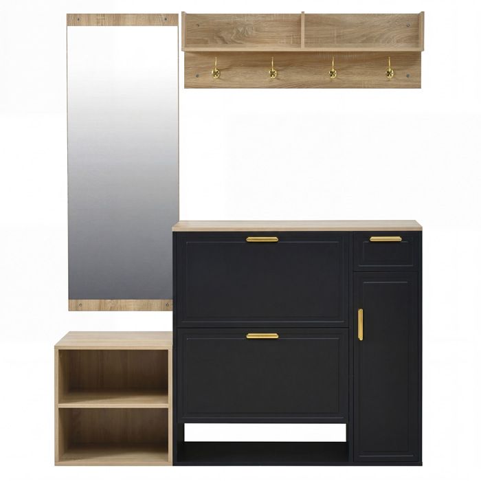 Meuble d’entrée 4 pièces avec meuble à chaussures banc porte-manteaux mural et miroir noir et aspect bois
