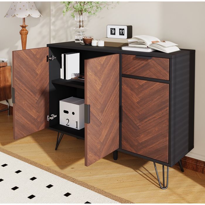 Buffet bas AESVAR noir et aspect bois 90 x 30 x 71 5 cm avec 1 tiroir 3 portes et étagères réglables