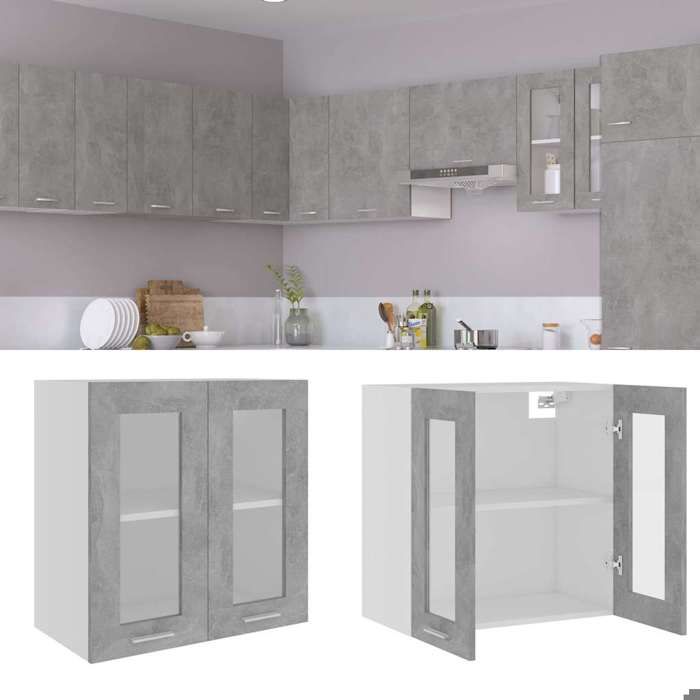 Bon marché *Vitrine Suspendue Lyon Gris Béton 60 x 31 x 60 cm en Bois dingénierie et verre avec 2 étagères pour Cuisine 67686