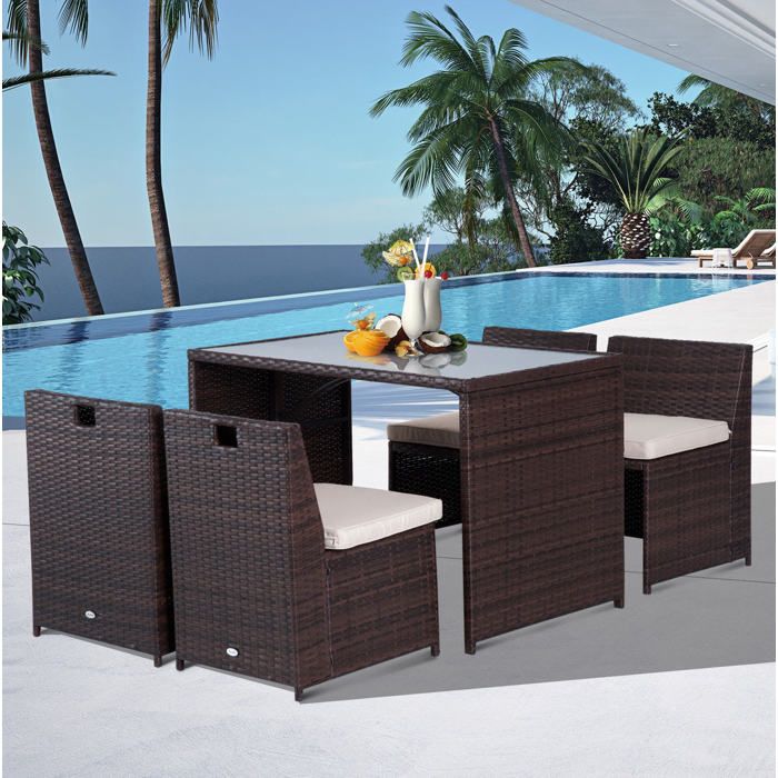 Ensemble table et chaises de jardin 4 personnes table en verre 4 chaises pliables avec coussins marron JOINERY
